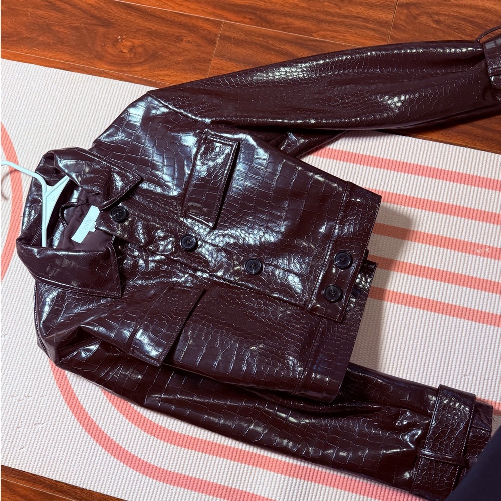 Zara Cropped Patent Leather Jacket - Dark Brown - Picture 6 of 12